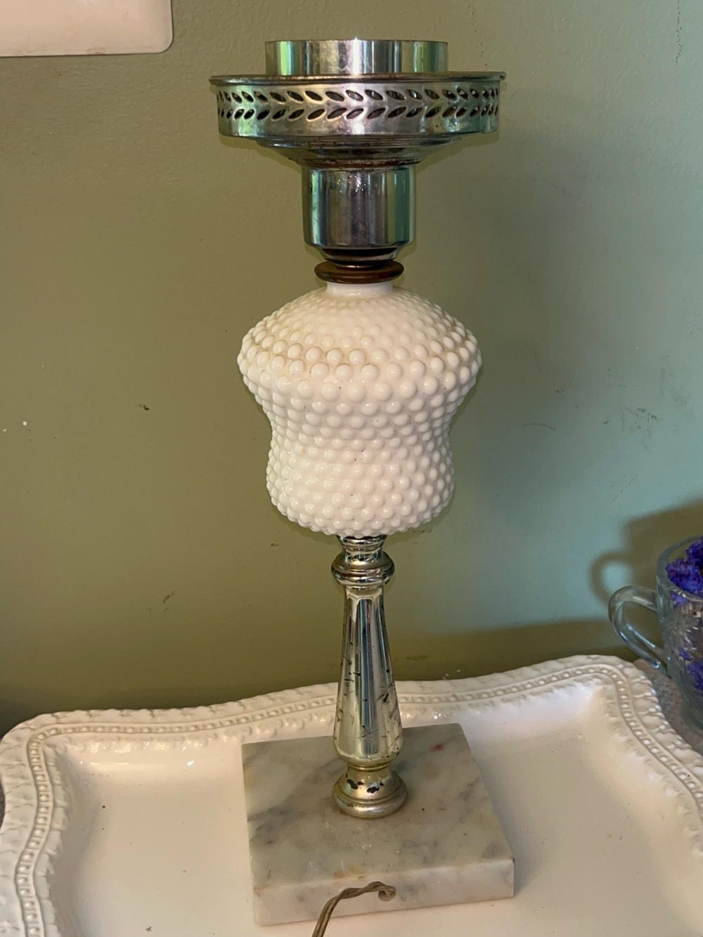 Vintage Hurricane Style Hobnail Milk Glass Table Lamp with a Marble Base